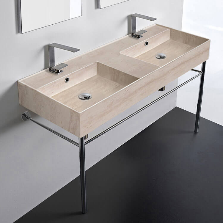 Scarabeo 5143-E-CON-Two Hole Beige Travertine Design Ceramic Console Double Sink With Polished Chrome Stand